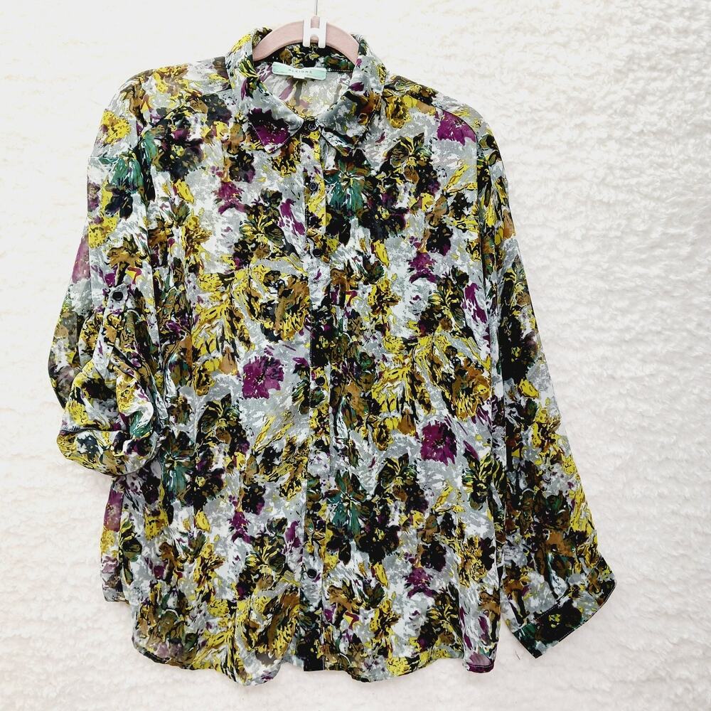 Blouse Button Up Sheer Floral Boho Earth Tones Fall Whimsycore Lagenlook Size L